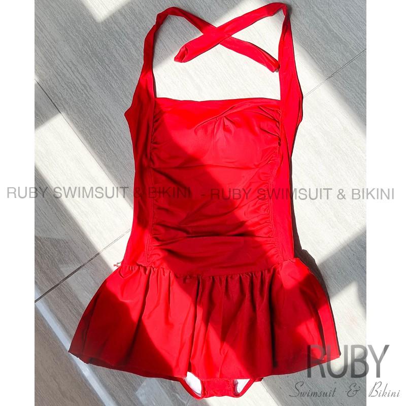 Đồ bơi nữ liền thân một mảnh RUBY cột nơ cổ váy bèo ngắn, kiểu ngang - R006
