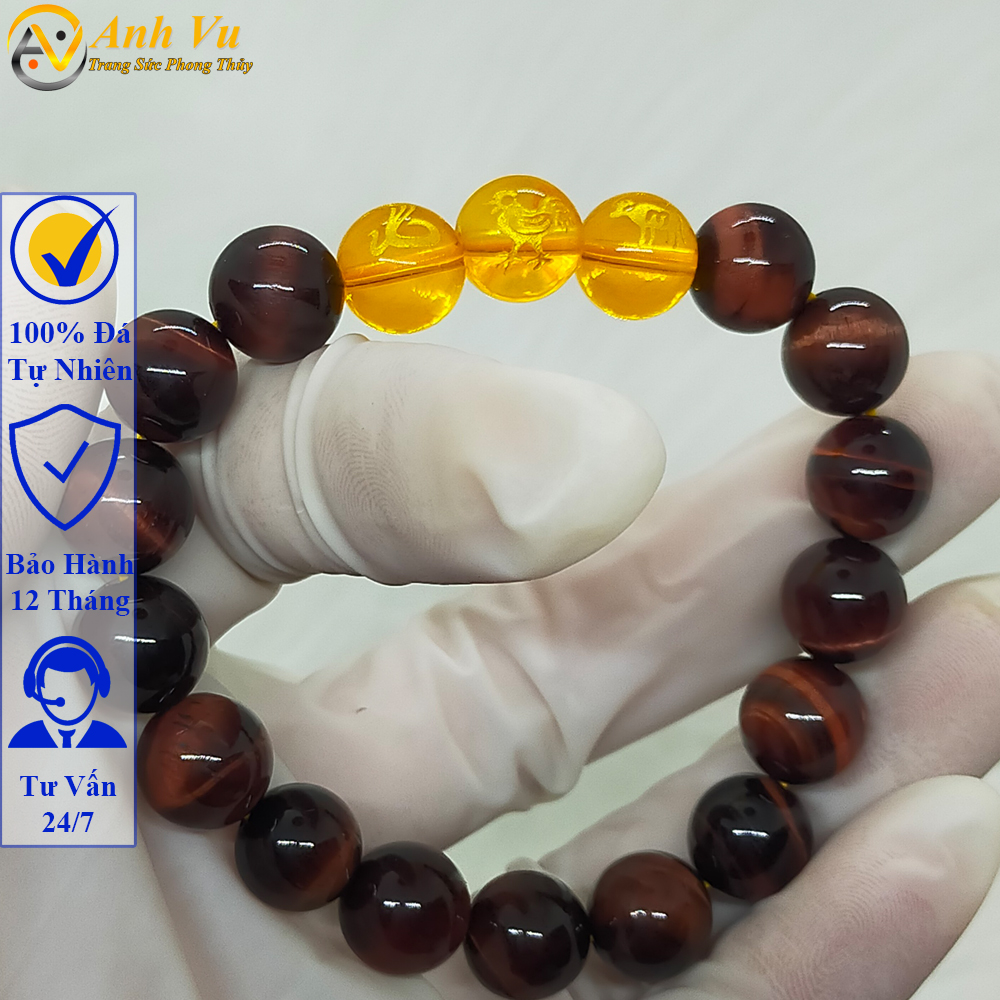 Vòng tay đá mắt hổ đỏ nâu tự nhiên - Vòng tam hợp quý nhân tỵ dậu sửu - May mắn tài lộc