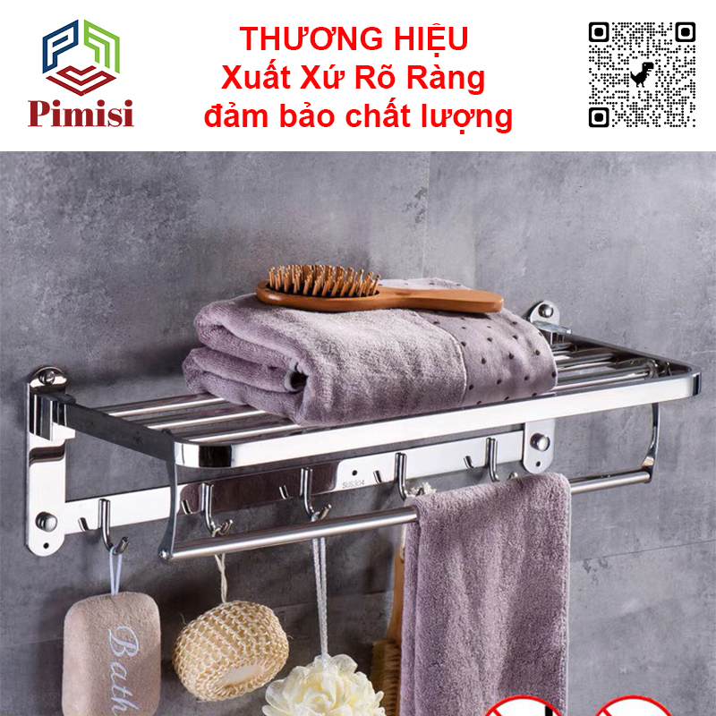 Giá Treo Khăn Tắm Inox 304 Pimisi Có Móc Áo Quần, Với Vắt Khăn Giàn Gấp Gọn Đa Năng Và Thanh Đơn Treo Khăn Mặt Kèm Đinh Ốc Vít Nở Gắn Tường Bằng Khoan Trong Nhà Vệ Sinh | Hàng Chính Hãng