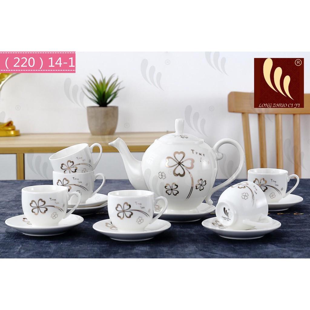 BỘ ẤM PHA TRÀ KÈM KAY, BỘ ẤM CHÉN KÈM ĐĨA HỌA TIẾT HOA 4 CÁNH