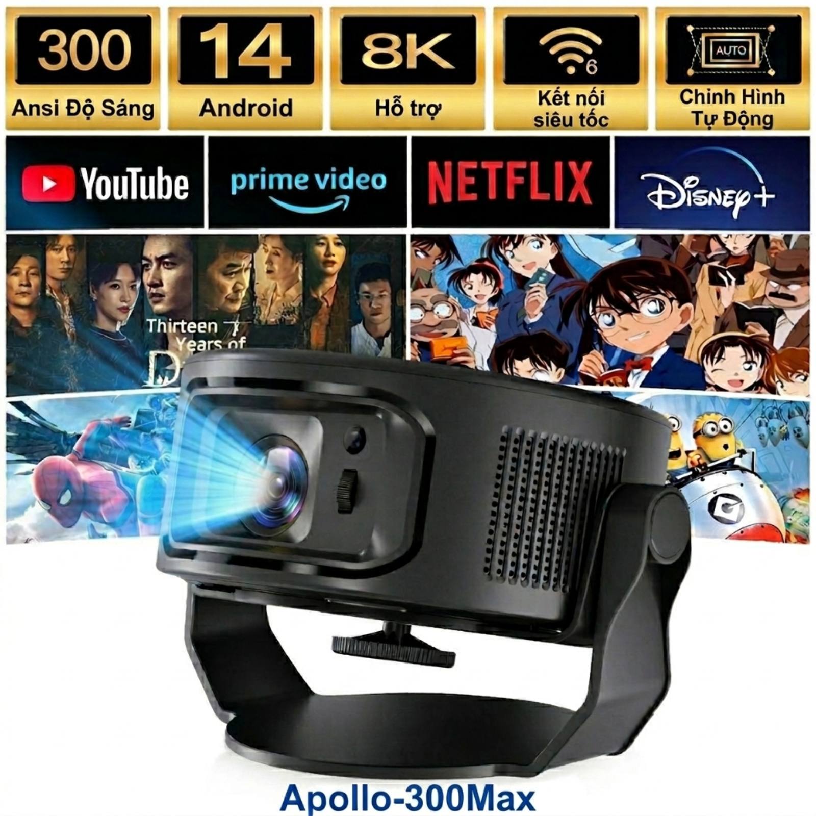 Máy Chiếu Mini Apollo 300MAX – Android 14, Siêu Nét, Hỗ Trợ 4K Chính Hãng - Hàng nhập khẩu