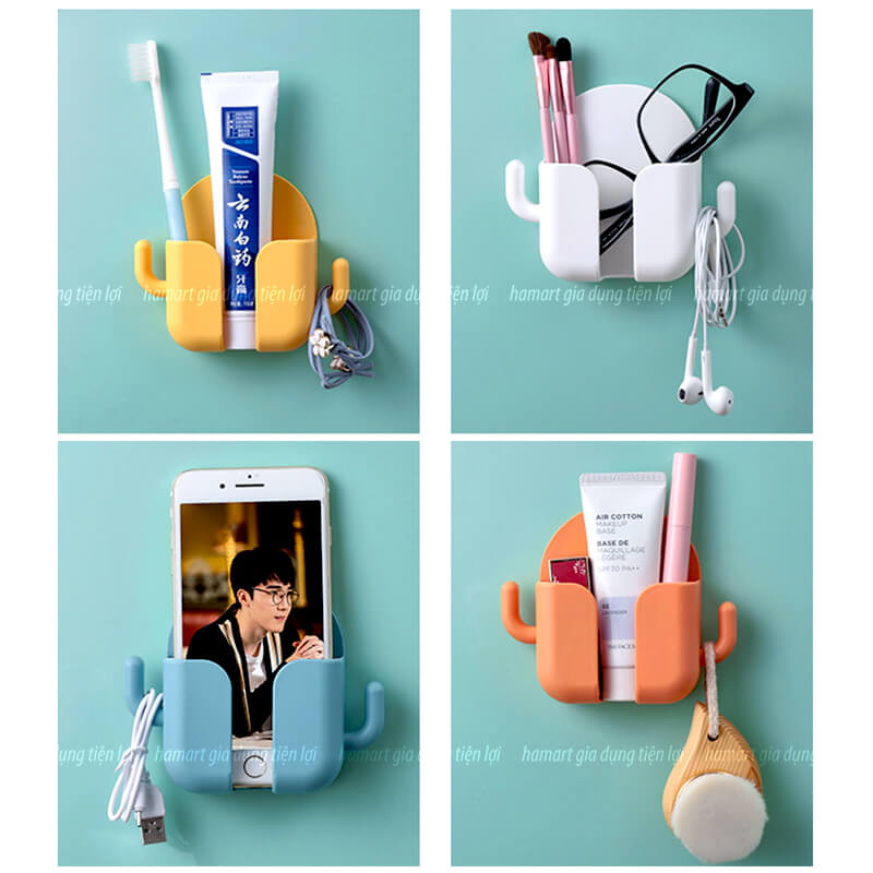 Kệ Dán Tường Để Điện Thoại Remote Hamart Đa Năng 1 Ngăn Lớn Trắng 2 Móc Treo Tiện Lợi