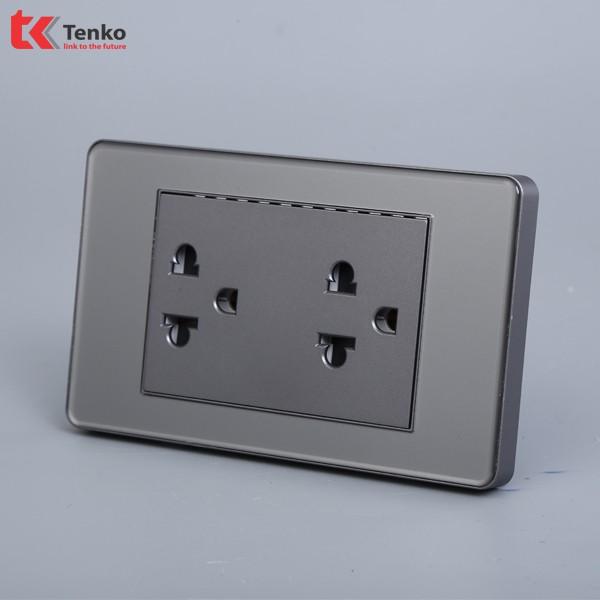 Ổ Điện Đôi 3 Chấu Âm Tường Mặt PVC Trong Bo Viền Màu Xám - Chống Xước Bong Chóc Màu, TENKO TK-C9-G043