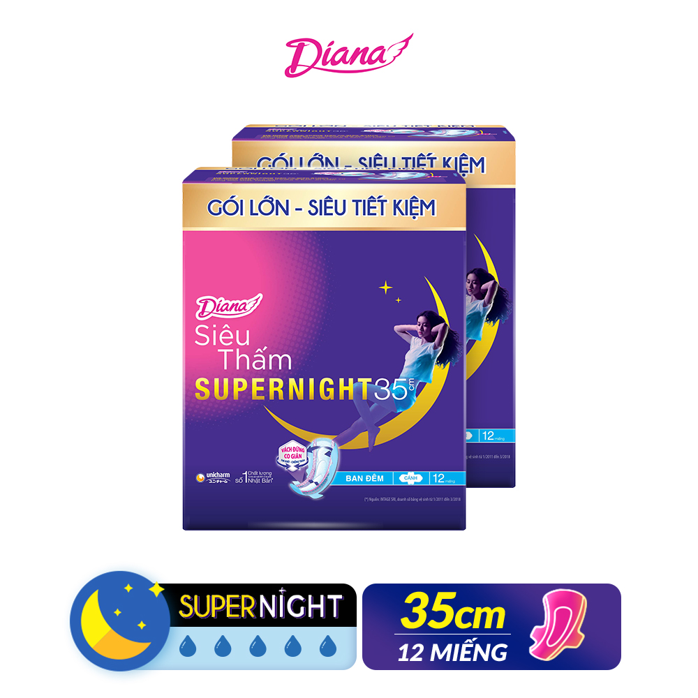 Combo 2 Băng vệ sinh Diana Super Night 35cm gói 12 miếng có cánh