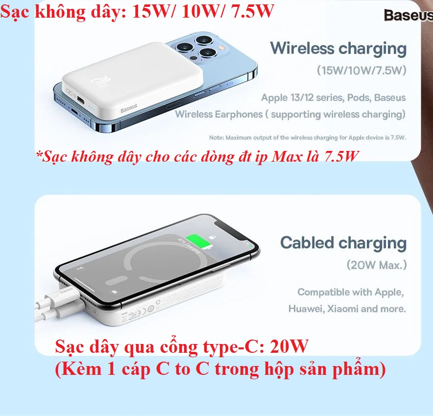 Pin dự phòng không dây nam châm 20W 6000mAh Baseus Magnetic Wireless Power Bank  PPCXW06 -  Hàng chính hãng