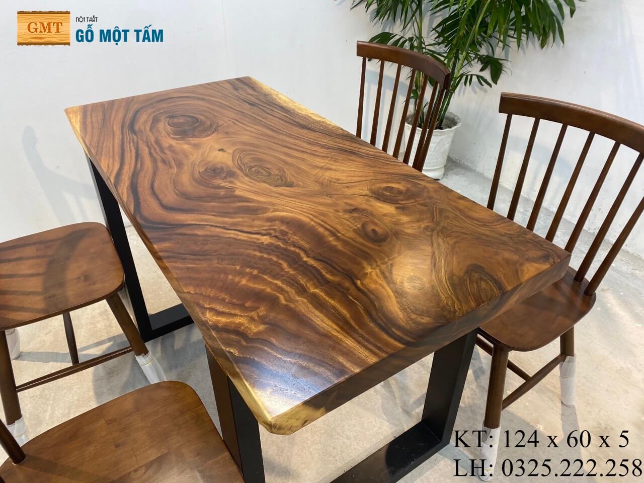 Bàn Ăn 4 Ghế Gỗ Tự Nhiên, Bàn Làm Việc Hiện Đại, Bàn Trà Gỗ Me Tây Dài 1,24m Rộng 60cm Dày 5cm