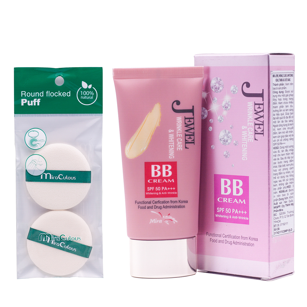 Kem Lót BB Đa Chức Năng Hàn Quốc Mira Jewel Wrinkle Care &amp; Whitening SPF50 PA+++ (40ml) + Tặng Ngay Bông Tán Kem Nền, Phấn Siêu Mềm Mịn Mira Culous (2 miếng/ túi) – Hàng Chính Hãng