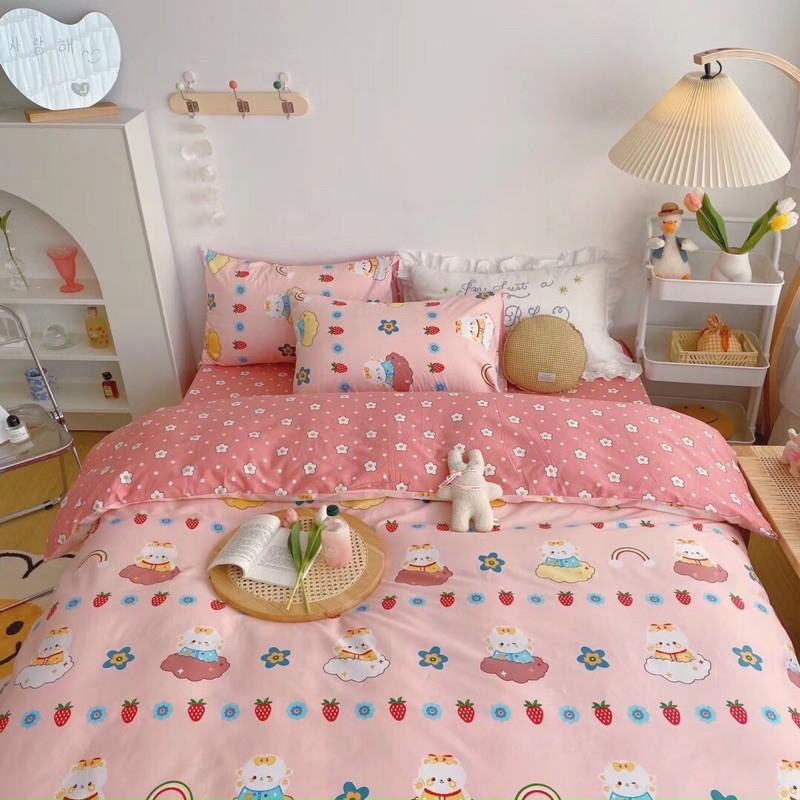 Bộ Chăn Ga Gối Cotton Living 100%côtton Hàng Nhập Khẩu Cao Cấp 4 Món Thỏ Hồng
