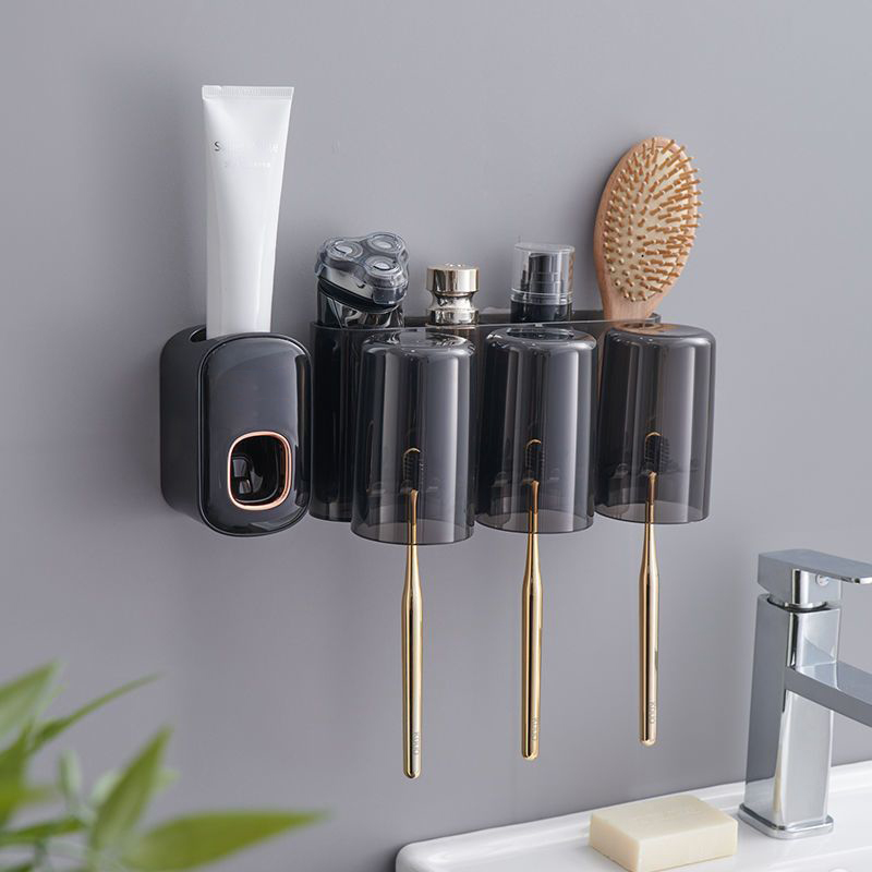 Kệ Cài Bàn Chải Đánh Răng Kèm Cốc Màu Trong Suốt - Nhả Kem Đánh Răng Tự Động, Kệ Để Đồ Nhà Tắm Dán Tường Thông Minh