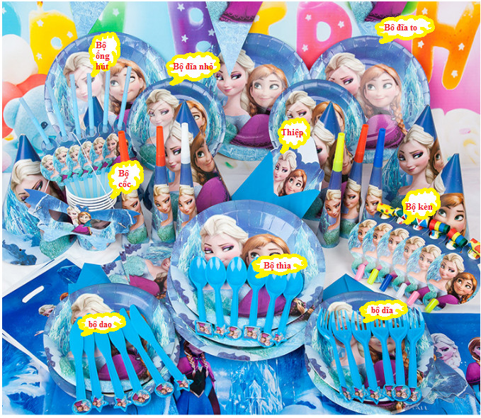sét trang trí sinh nhật 16 món  đầy đủ cho bé gái chủ đề công chúa ELSA