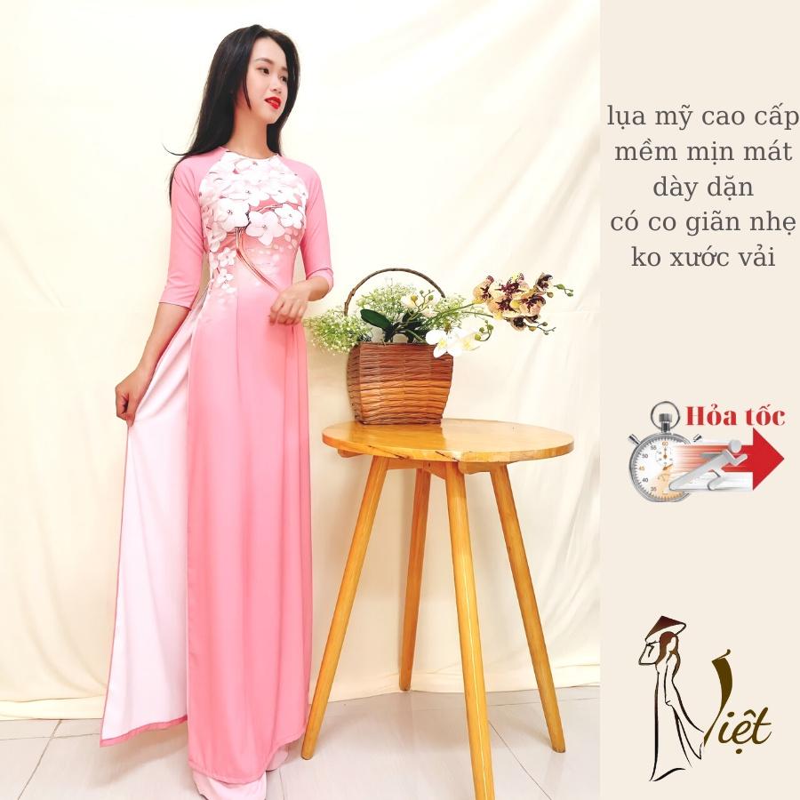 Áo dài hoa ngực màu hồng in 3D cổ tròn tay lỡ truyền thống may sẵn lụa mỹ cao cấp