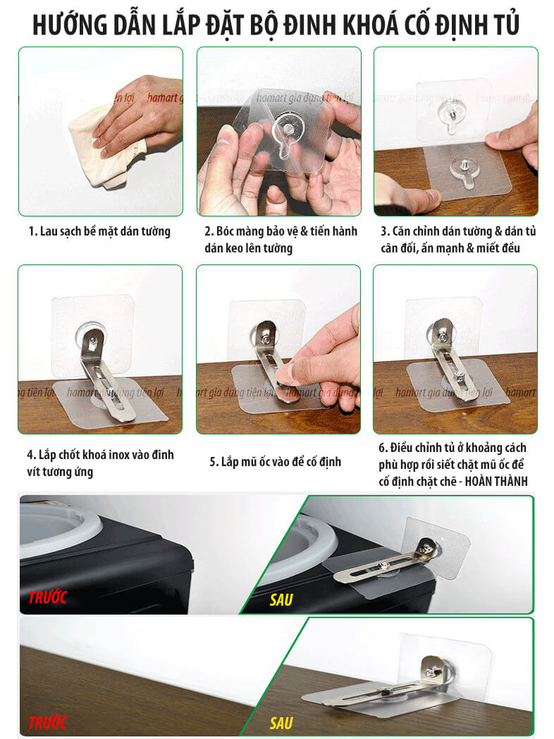 SET Đinh Vít Dán Tường Kèm Chốt INOX Cố Định Tủ Gỗ Khoá Chống Đổ Kệ Sách TV Siêu Dính Hamart
