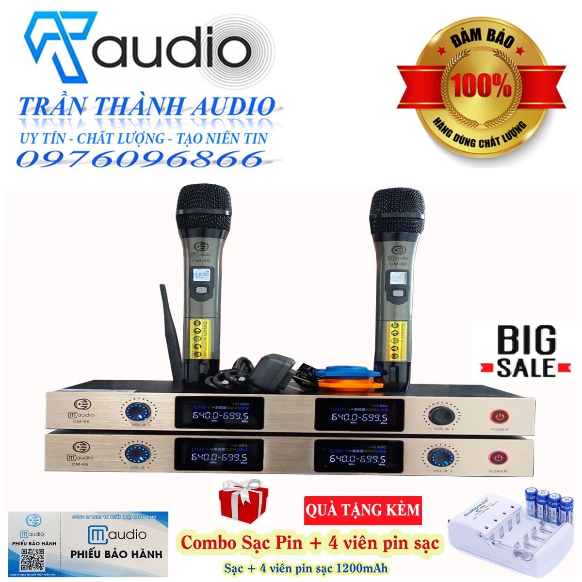 Micro không dây CM-66 hàng chính hãng CMAUDIO nhập khẩu 2023 tặng chống lăn và bộ sạc và 4 quả pin sạc 1200mah