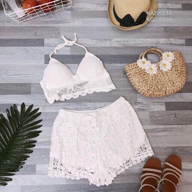 Set ren đi biển áo bra-áo choàng dài- quần sóc ren