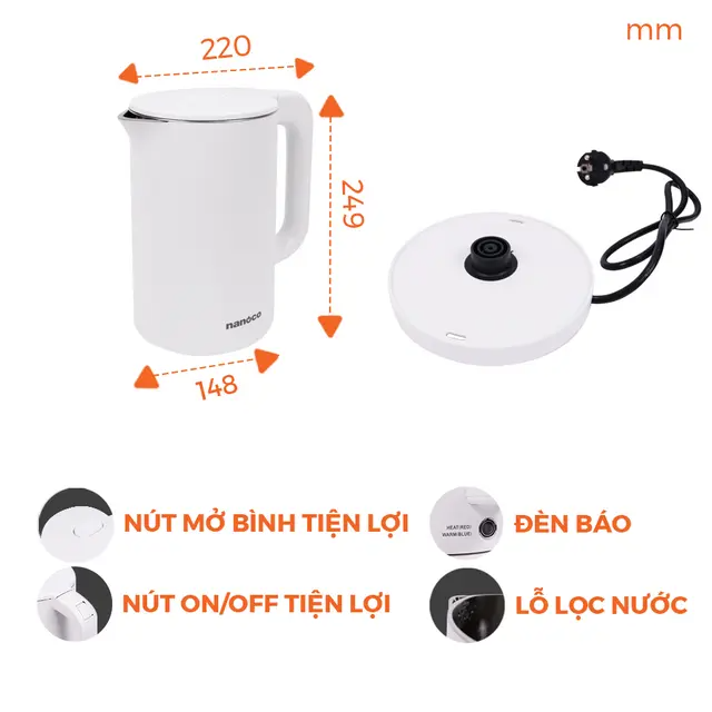 Bình đun siêu tốc nhựa 1.7L,màu trắng NKT1750W_Hàng chính hãng