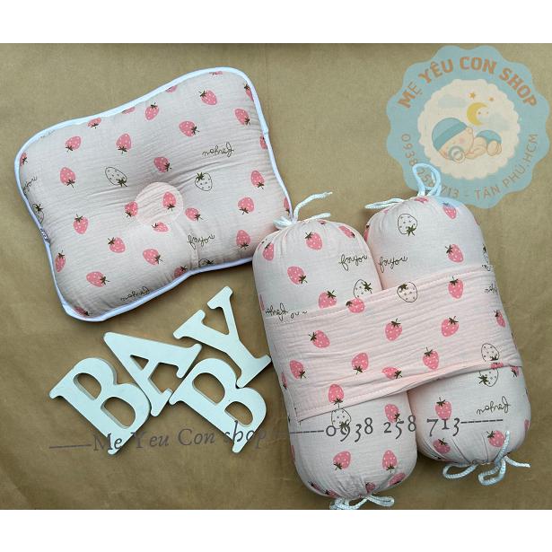 Bộ gối chặn sơ sinh vải xô mềm chống giật mình, chống lõm đầu cho bé