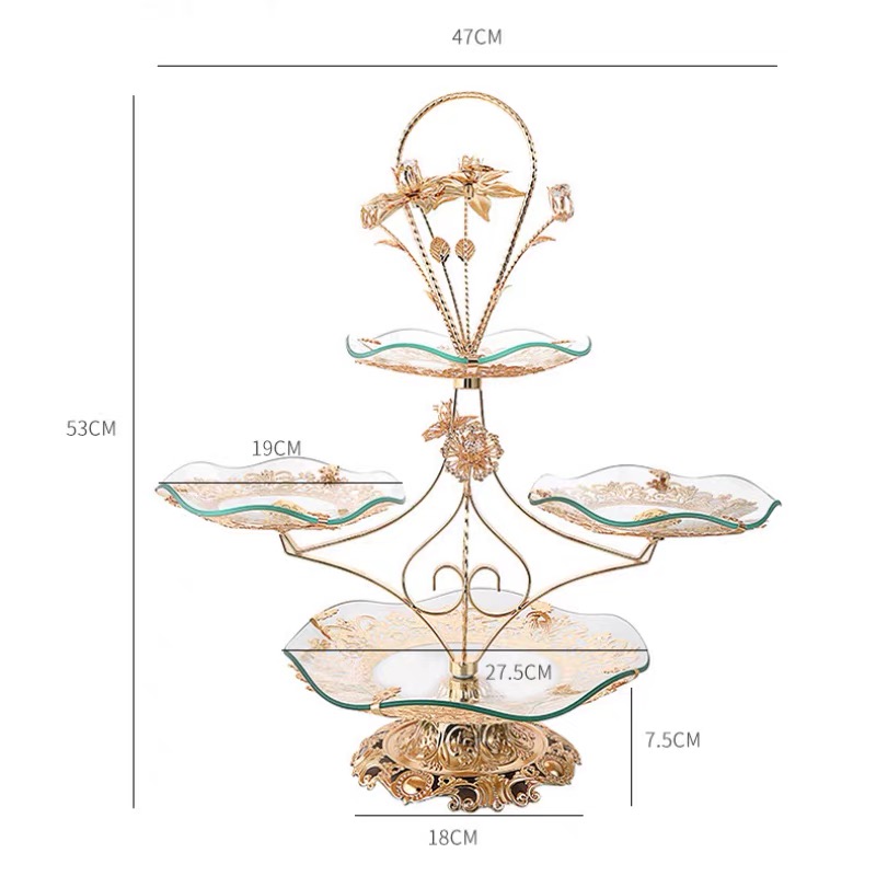 Khay thuỷ tinh 3 tầng đựng hoa quả, bánh kẹo đế kim loại