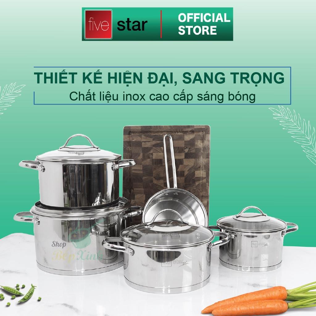 Bộ nồi quánh 3 đáy inox 304 cao cấp Fivestar Plus quai oval kiểu Silit 5 món nắp kính , tặng 1 vá inox