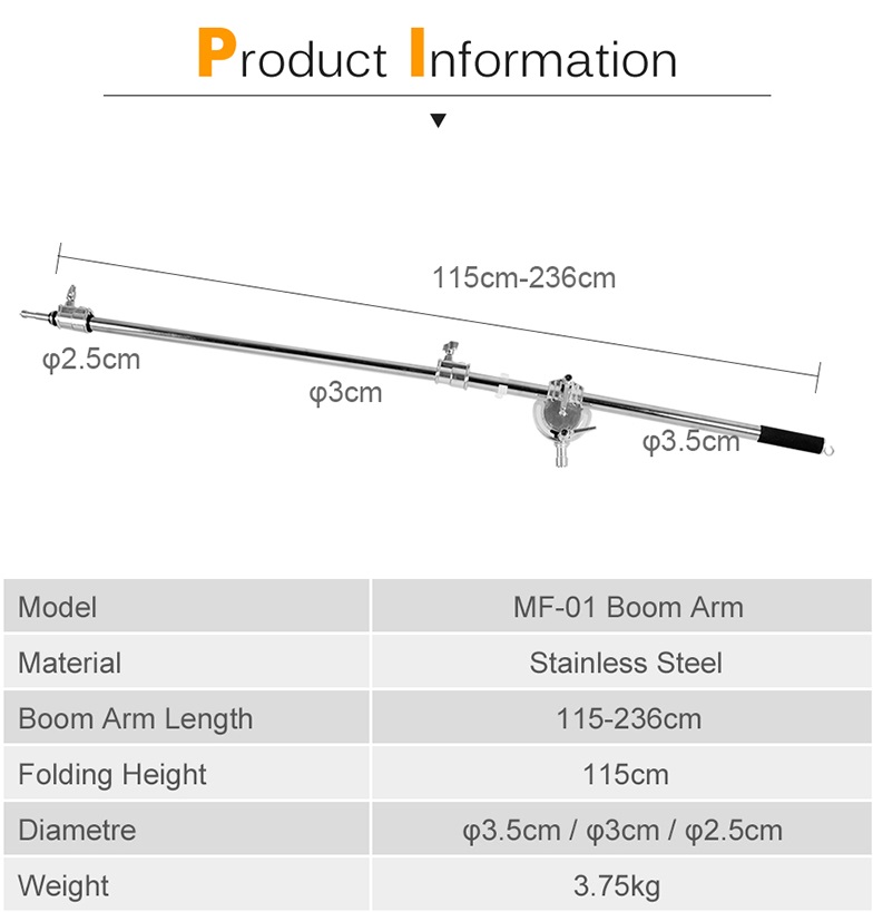 Tay boom đèn Inox MK MF-01 236cm có túi tải trọng.