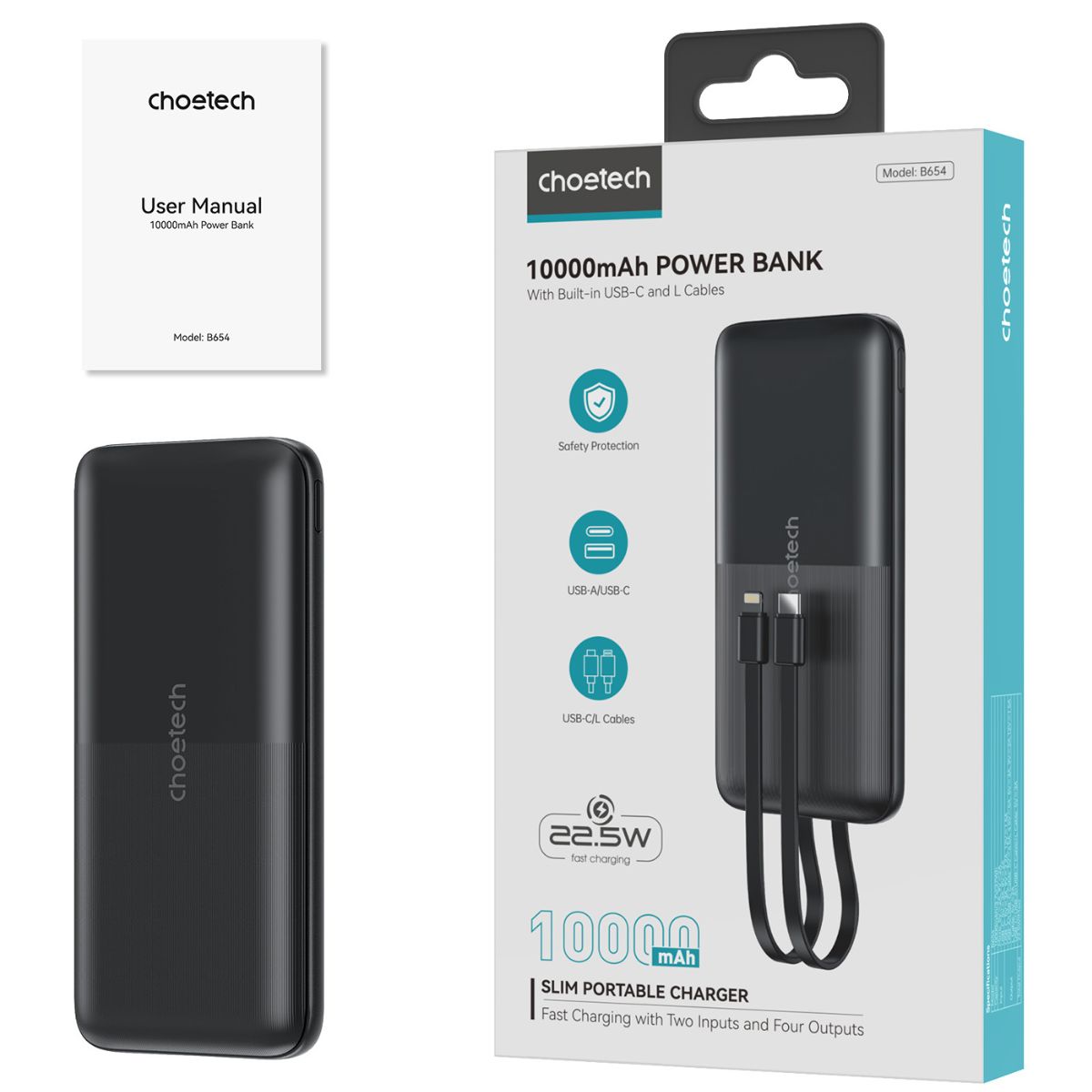 Pin dự phòng Choetech B654 22.5W  tích hợp 2 cáp sạc Type C và Light-ning dung lượng 10.000mAh ( Hàng chính hãng)