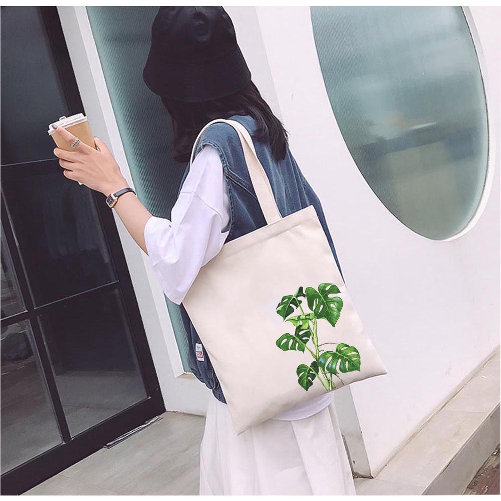 Túi tote canvas vải mộc Ginko có dây kéo khóa miệng túi đựng vừa laptop 14 inch và nhiều đồ dùng khác in hình cây lá M55-M56