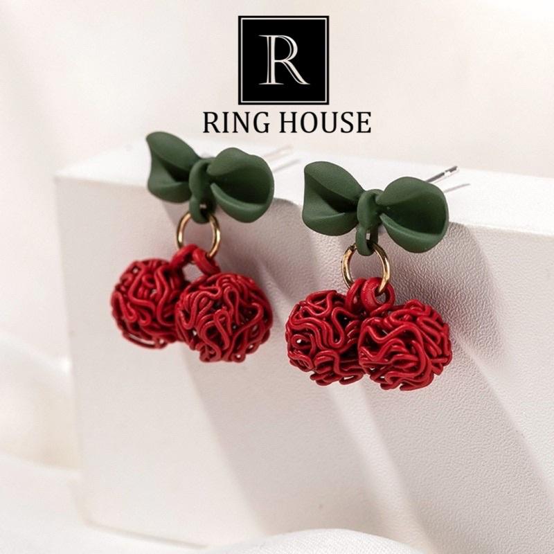 Bông Tai Khuyên Tai Nữ Cherry Đỏ Cuốn Xanh Dễ Thương Xinh