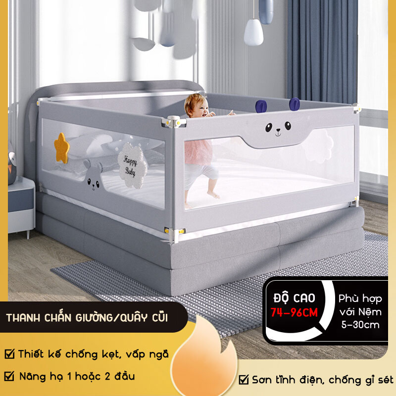 Thanh chắn giường cho bé an toàn KidAndMom BR23 kiêm quây cũi độ cao 74-96cm thiết kế chống kẹt, chống vấp ngã, nâng hạ 1 hoặc 2 đầu bản nâng cấp mới nhất (Giá bán 1 thanh)