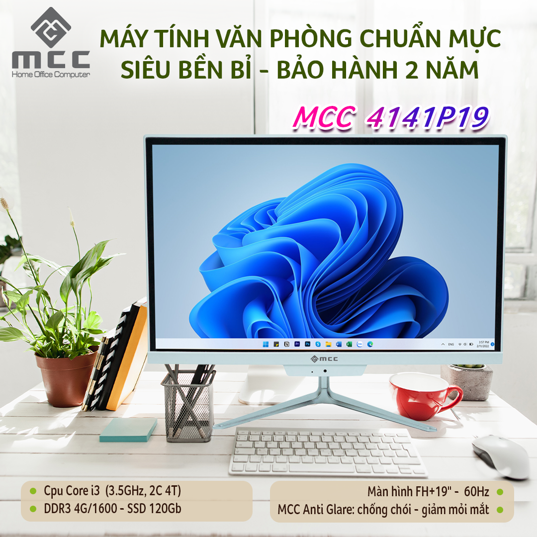 Bộ máy tính All In One MCC 4141P19 CPU Core i3 4150 Processor, 4GB DDR3, 120GB SSD, Camera, WIFI, Bluetooth, MIC, 19&quot; HD+ (Hàng chính hãng)