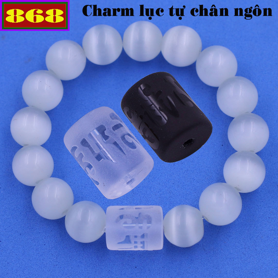Vòng chuỗi đeo tay đá mắt mèo charm lục tự Đại minh chân ngôn, 10 ly, Om Mani Padme Hūm, Chân ngôn Lục tự