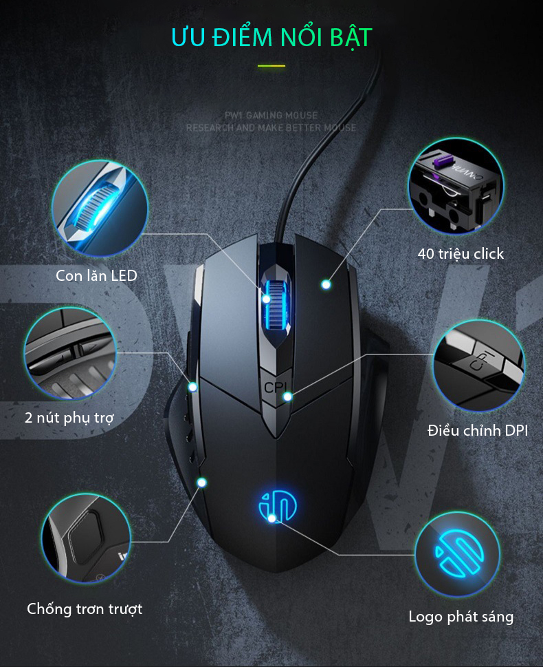 Chuột Gaming Máy Tính SIDOTECH P1W Esport Có Dây Silent / 40 Triệu Click / 7200 DPI / LED RGB Chống Ồn Logo Phát Sáng Kèm 2 Nút Phụ Trợ Cho Game FF PUBG Phù Hợp Máy Tính Laptop Văn Phòng