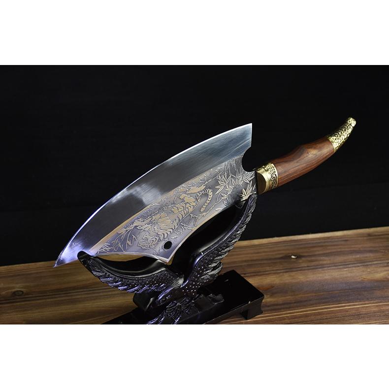 Dao bếp thái lọc,chặt gà không rỉ cao cấp, mặt dao dập chìm hoa văn hổ, khâu đồng -  A45 DT15