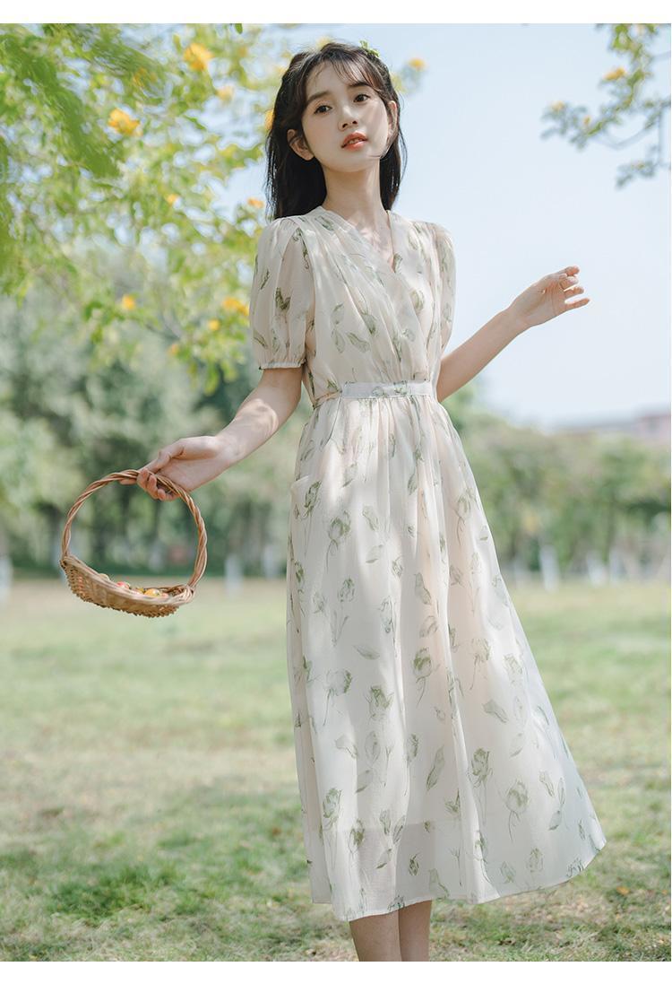 TOBE1SHOP Pháp nhỏ làm mới váy ngọt ngào thắt lưng ren-up trà nghỉ váy dài mùa hè hoa đầm phụ nữ