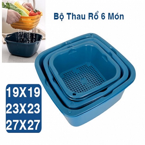 Bộ rổ nhựa kèm thau 6 món để thực phẩm rau quả đa năng - Set thao rỗ nhựa cao cấp 6 món 3 kích thước khác nhau