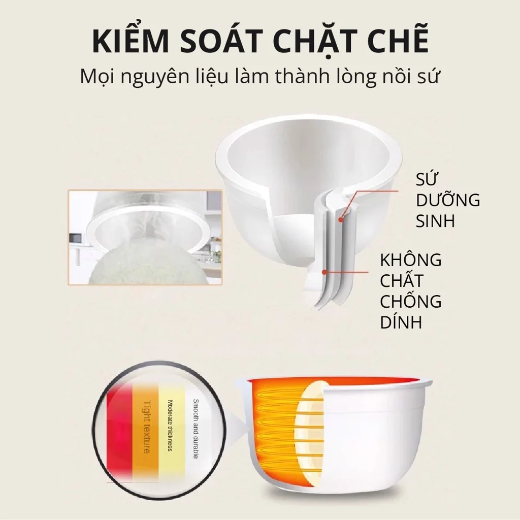 Nồi Cơm Điện Sứ Dưỡng Sinh Mishio MK365 lòng sứ nguyên chất 0.8L không chứa chất chống dính - Hàng chính hãng
