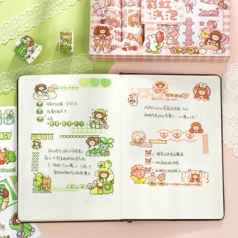 Hộp 10 cuộn băng giấy và 10 tờ stickers chủ đề dễ thương(có sẵn)