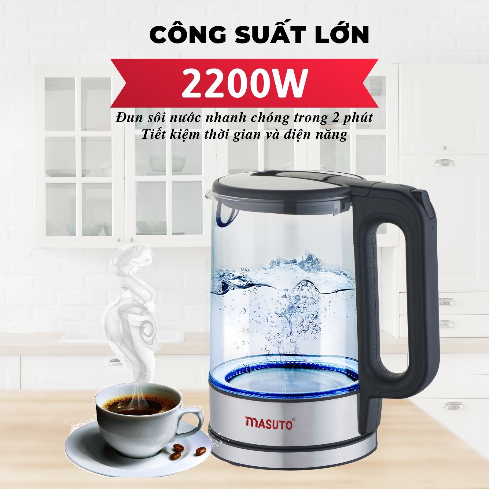 Ấm Siêu Tốc thủy tinh cường lực cao cấp Masuto MS-Citizen18 dung tích 1,8L-HÀNG CHÍNH HÃNG