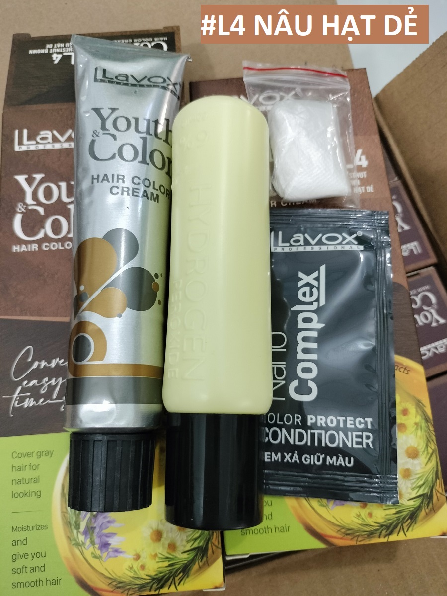 Nâu Hạt Dẻ #L4 (Mẫu Cũ Nâu Nhạt) Kem Nhuộm Dưỡng Tóc Phủ Bạc Lavox Youth&amp;Color L4