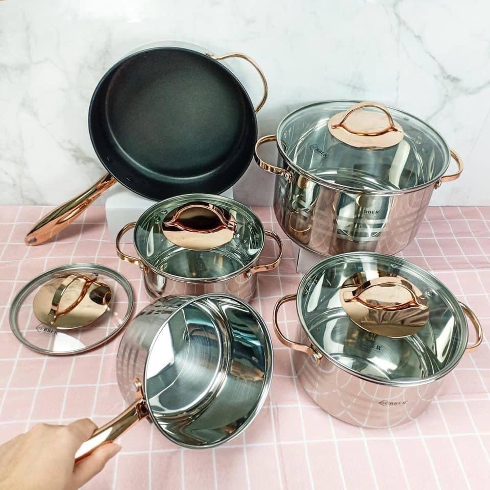 Bộ nồi inox 5 đáy ARBER AN05 BRASS 16,18,20,24cm, 1-6L, Bộ nồi chảo chống dính đáy từ 5 chiếc dùng cho bếp từ, bếp điện