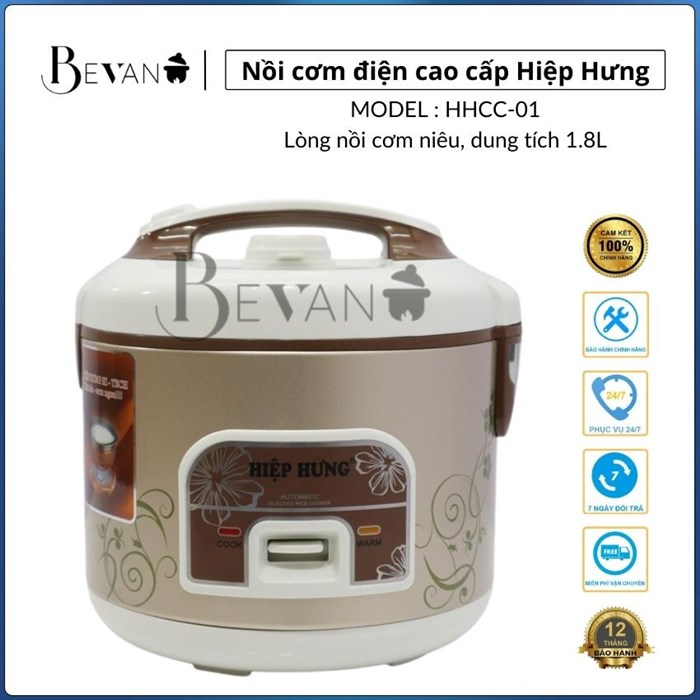 Nồi cơm điện cơ hàng chính hãng Hiệp Hưng Cao Cấp HHCC-01 Bevano, giữ ấm 12 giờ, nồi cơm 1.8L lòng nồi cơm niêu không dính đa năng, tiết kiệm điện năng