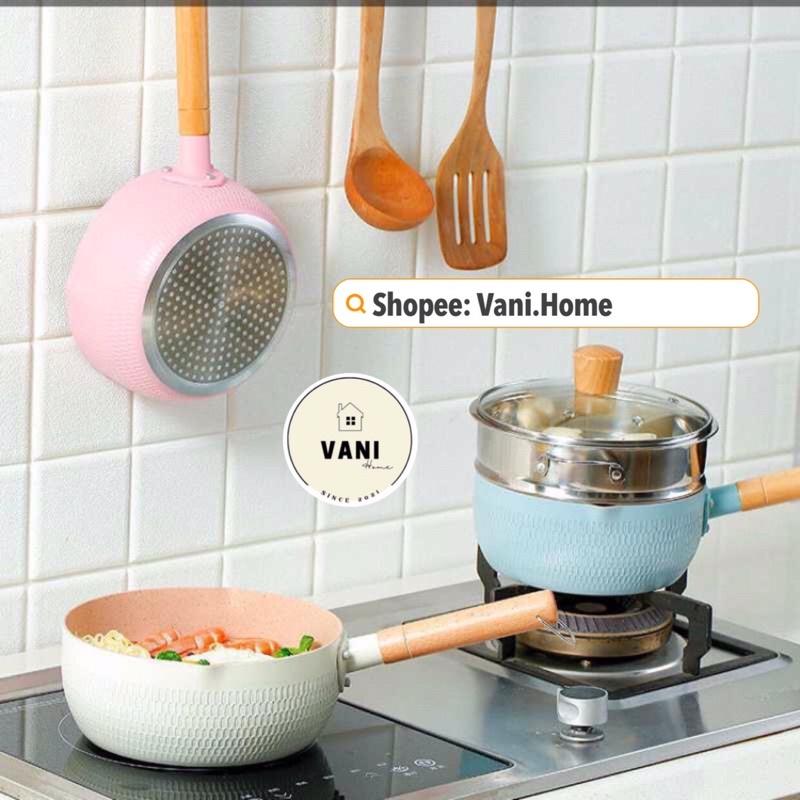 Chảo đá đáy từ chống dính sâu lòng tay cầm gỗ dài Pastel - Chảo chống dính lúa mạch 18cm - Quánh dính đa năng tiện dụng