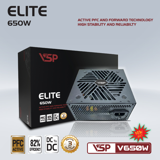 Bộ nguồn máy tính VSP ELITE V650W (650W) công suất thực - Hàng chính hãng