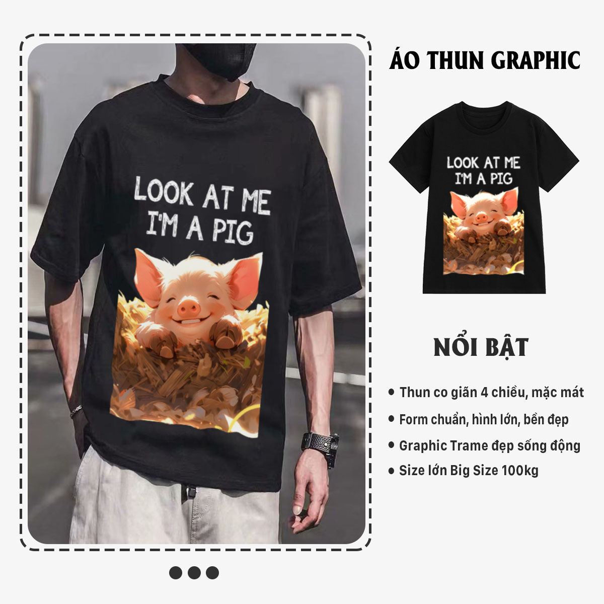 Áo thun nam cổ tròn tay ngắn TeeSett big size boy phố cotton màu đen in hình heo graphic design