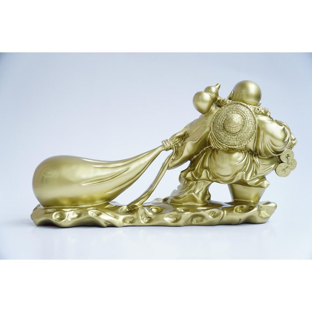 Tượng Phật Di Lặc kéo bao tải tiền mạ đồng cầu tài lộc đúc lớn - Dài 30cm