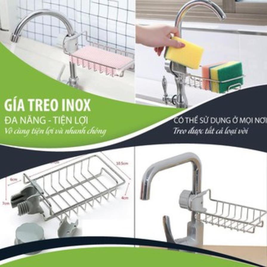 Giá inox 304 kẹp vòi nước đựng đồ rửa chén bát tiện dụng, khay đựng xà bông, đồ vệ sinh gắn vòi nước đa năng
