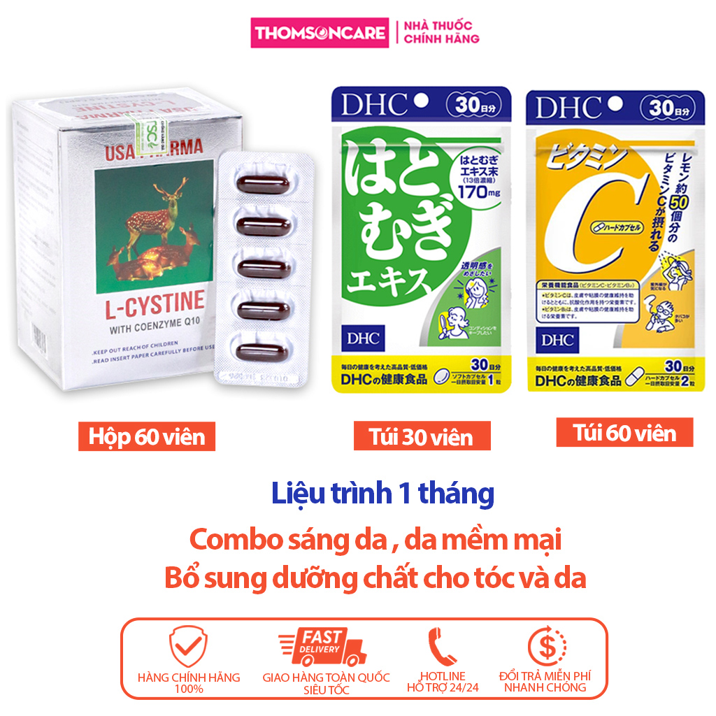 Combo LCystine 60 viên, DHC Adlay 30 viên và Vitamin C DHC 60 viên - Giúp làn da mềm mại sáng da , làm đẹp da chiết xuất từ hạt ý dĩ và các loại Vitamin -Thomsoncare