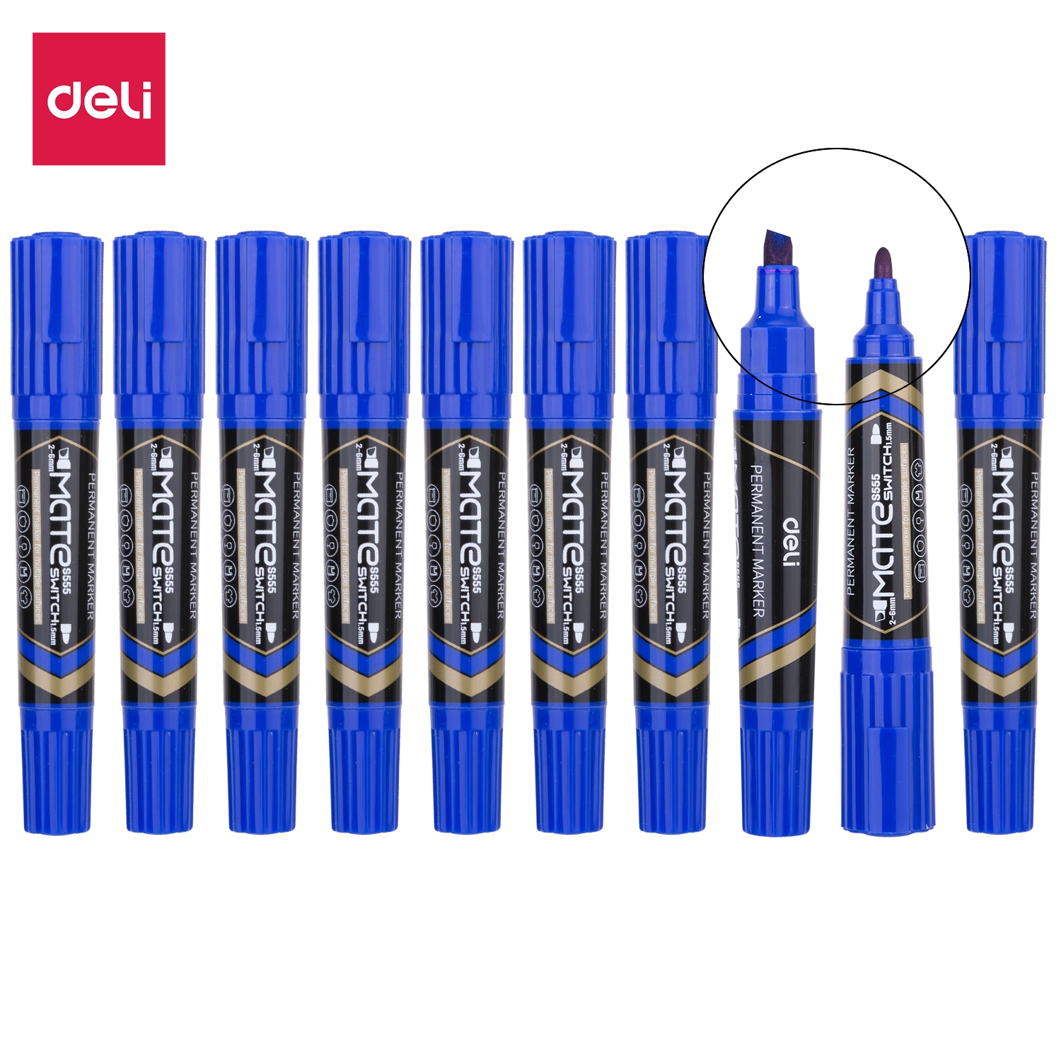 Bút Dạ Kính Deli - Không Xóa Được - 2 Đầu Bút 2 Kích Cỡ Ngòi - Mực Xanh Đen Đỏ - 10 Câyhộp - Es555 - Xanh Dương