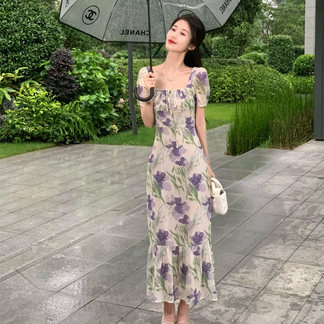 DONGSHOP Pháp Vintage vuông cổ in tay áo ngắn đuôi cá đầm nữ tính siêu tiên váy dài màu đen hoa chiffon đầm