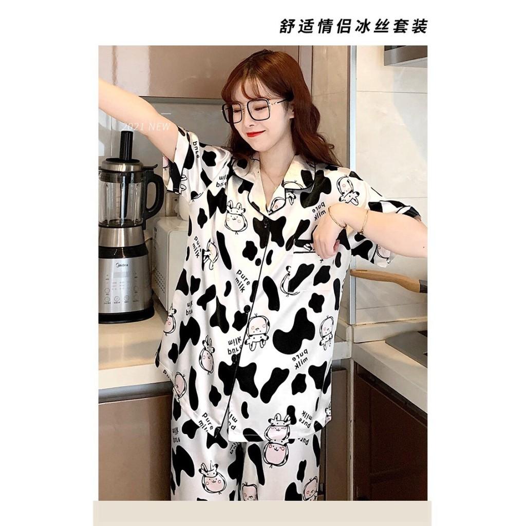 Bộ Pijama lụa cho nữ họa tiết Bò Sữa hot nhất mùa hè 2021- Bộ ngủ đồ mặc nhà chất vải trơn nhẹ cực chất B053