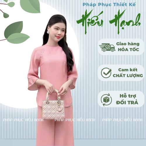 Đồ lam đi chùa nữ chất tơ crep hồng phối quần lụa cùng màu, đính kết ngọc trai thanh lịch