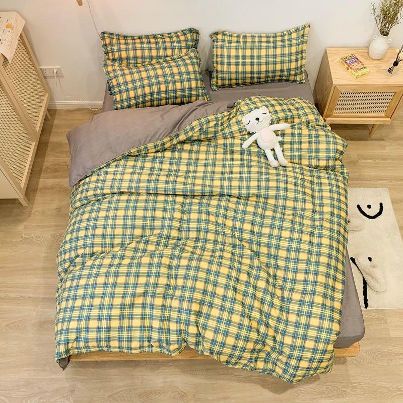 Bộ chăn ga Cotton Poly M2T bedding kẻ xanh vàng, vỏ chăn mền, drap giường và 2 vỏ gối